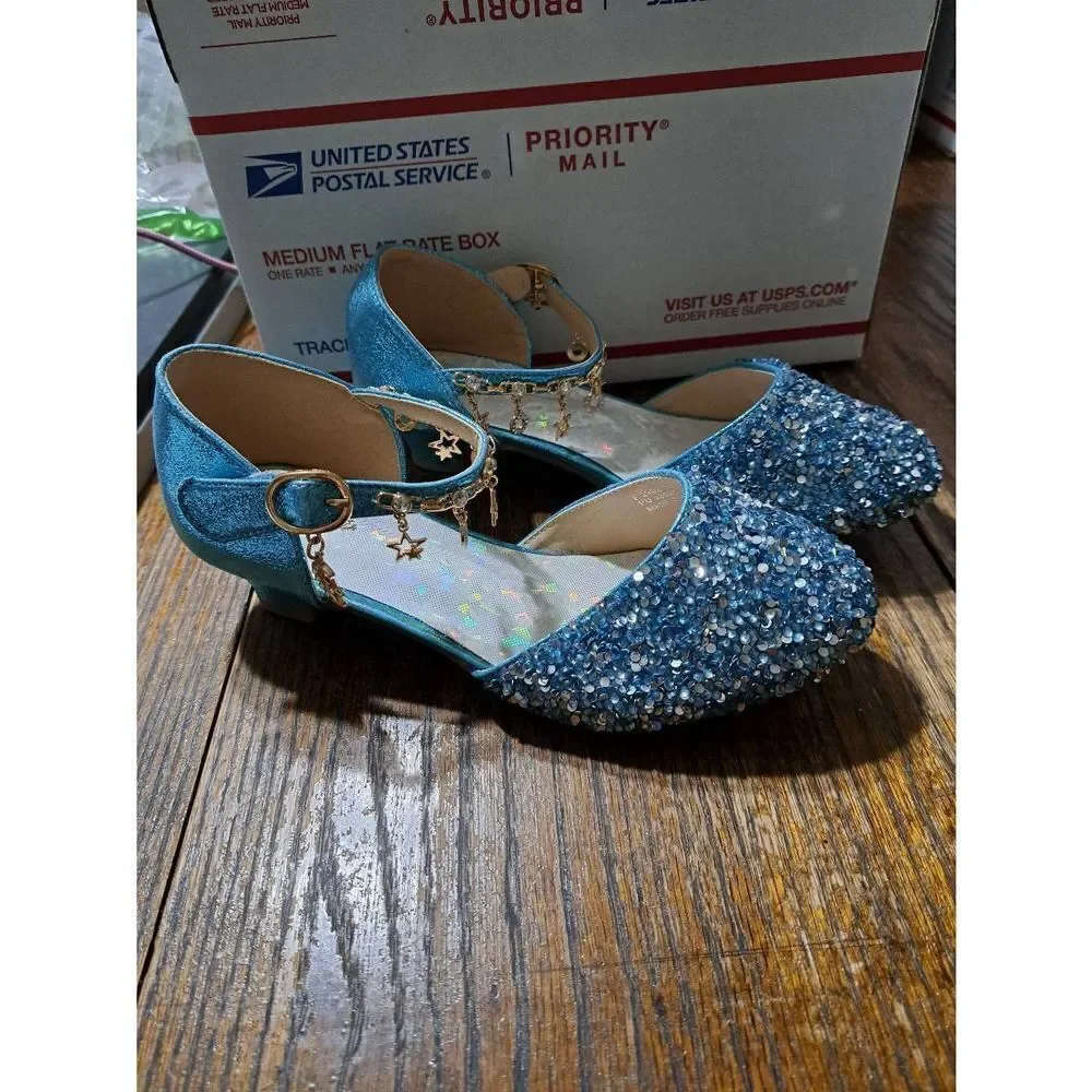 New Girl Sz 5 Furdeour Sequin Blue Glitter Bow Princess Flower Girl Dress Shoes